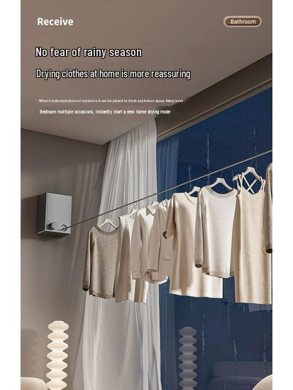 Gun Gray Retractable Invisible Clothesline for Indoor, No-Punch Installation; Ideal for Bathroom or Balcony.