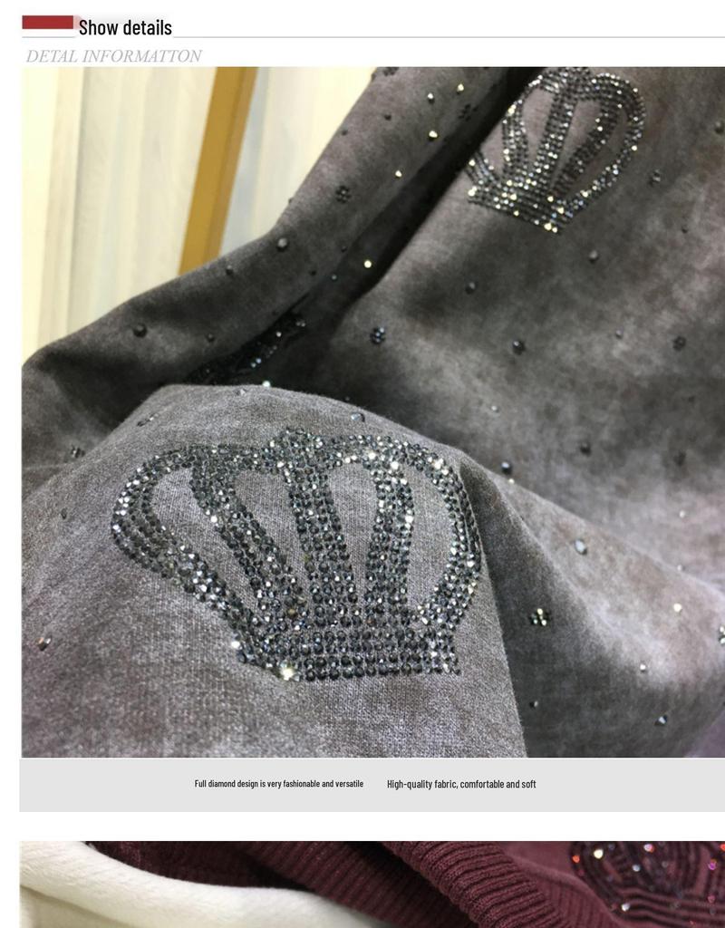 European Crown Hotfix Diamond Sweater - Plus Size, Velvet-Lined, Round Neck, Long Sleeve Luxury Top