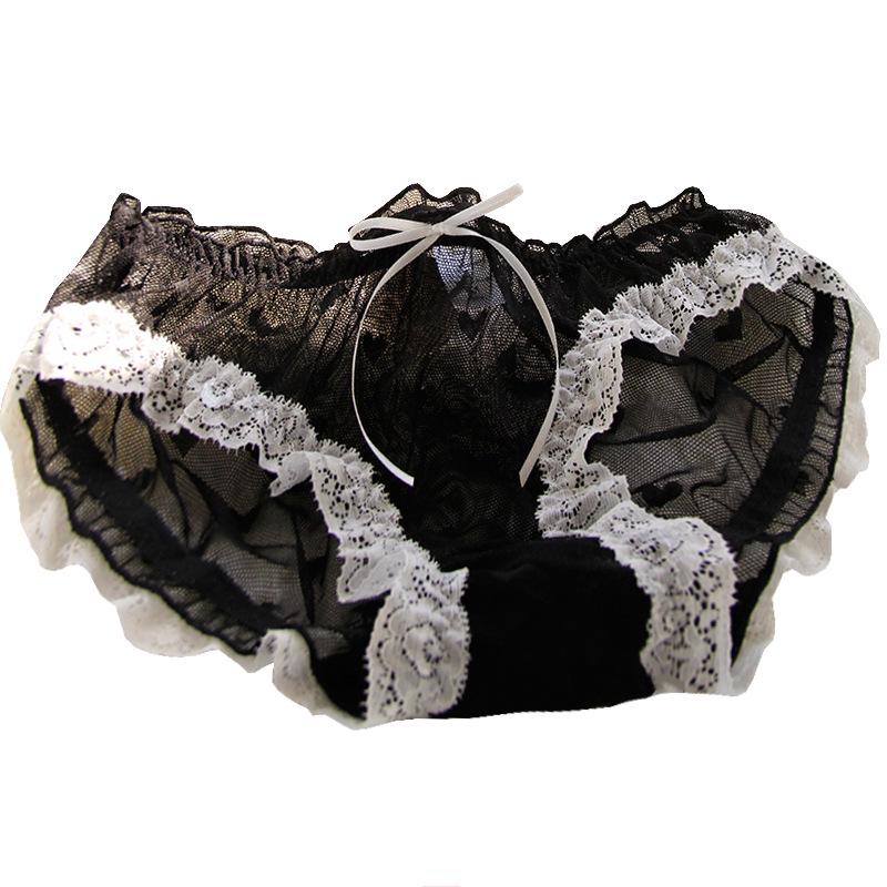Black Women's Lace Mid-Waist Bow Mesh Panties - 620 Series