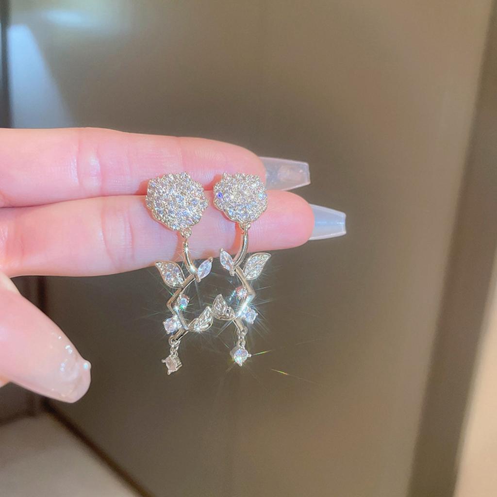 Rose Flower Drop Earrings for Women Sparkly Leaf Dangle Earrings Elegant Wedding Party Jewelry Gift
