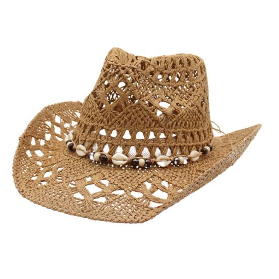 Straw Cowboy Hat for Men Women Western Cowgirl Hat with Shapable Brim Woven Hollow Out Beach Coastal Sun Hat