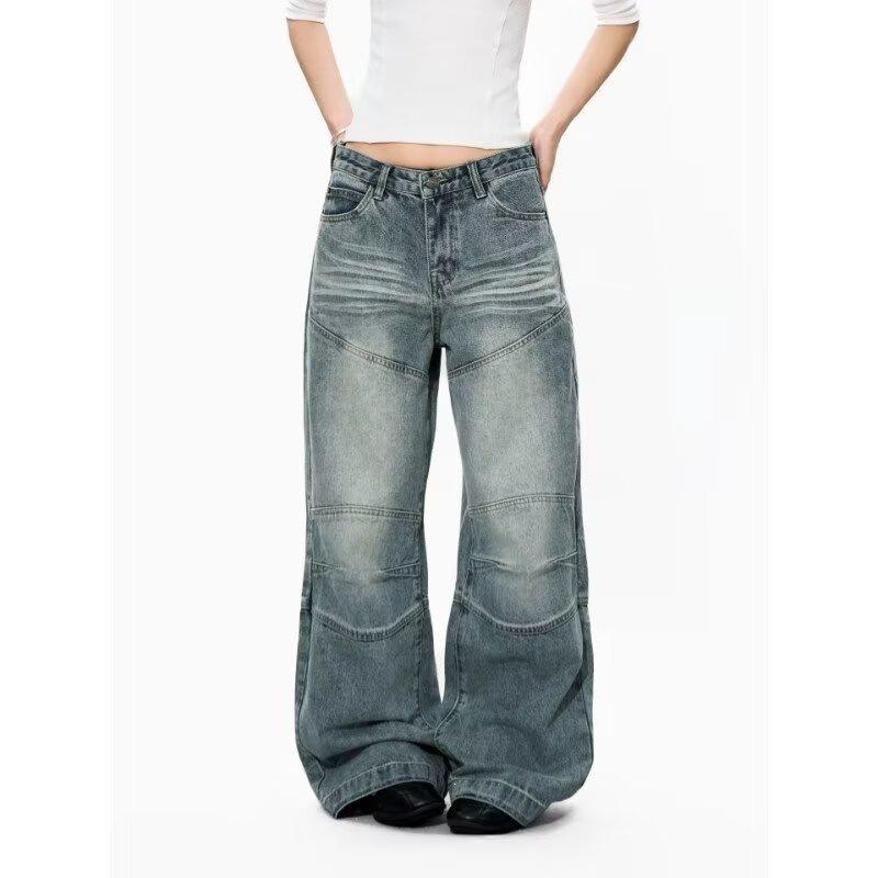 American retro ruffian handsome splicing washed design sense retro jeans men's and women's loose straight lumberjack pants