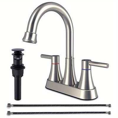 Bathroom Sink Faucet 3-Hole, 2-Handle Centre Mount, Lead-Free, with Copper Pop-Up Waste (Brushed Nickel)