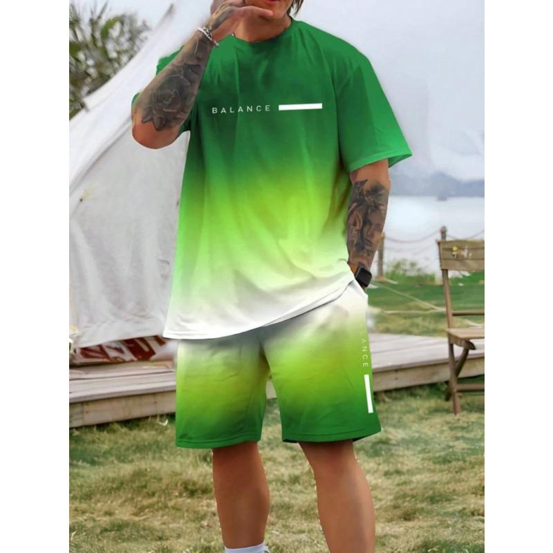 

Trendy Gradient Color Short Sleeve T Shirt Shorts Set Plus Size Vacation Beach T-shirt Shorts 2-piece Set Loose Men s Clothing 6XL