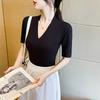 Threaded V-neck T-shirt, women's mid sleeve, slim fit and slimming, spring and summer new style, sexy and versatile temperament top JS