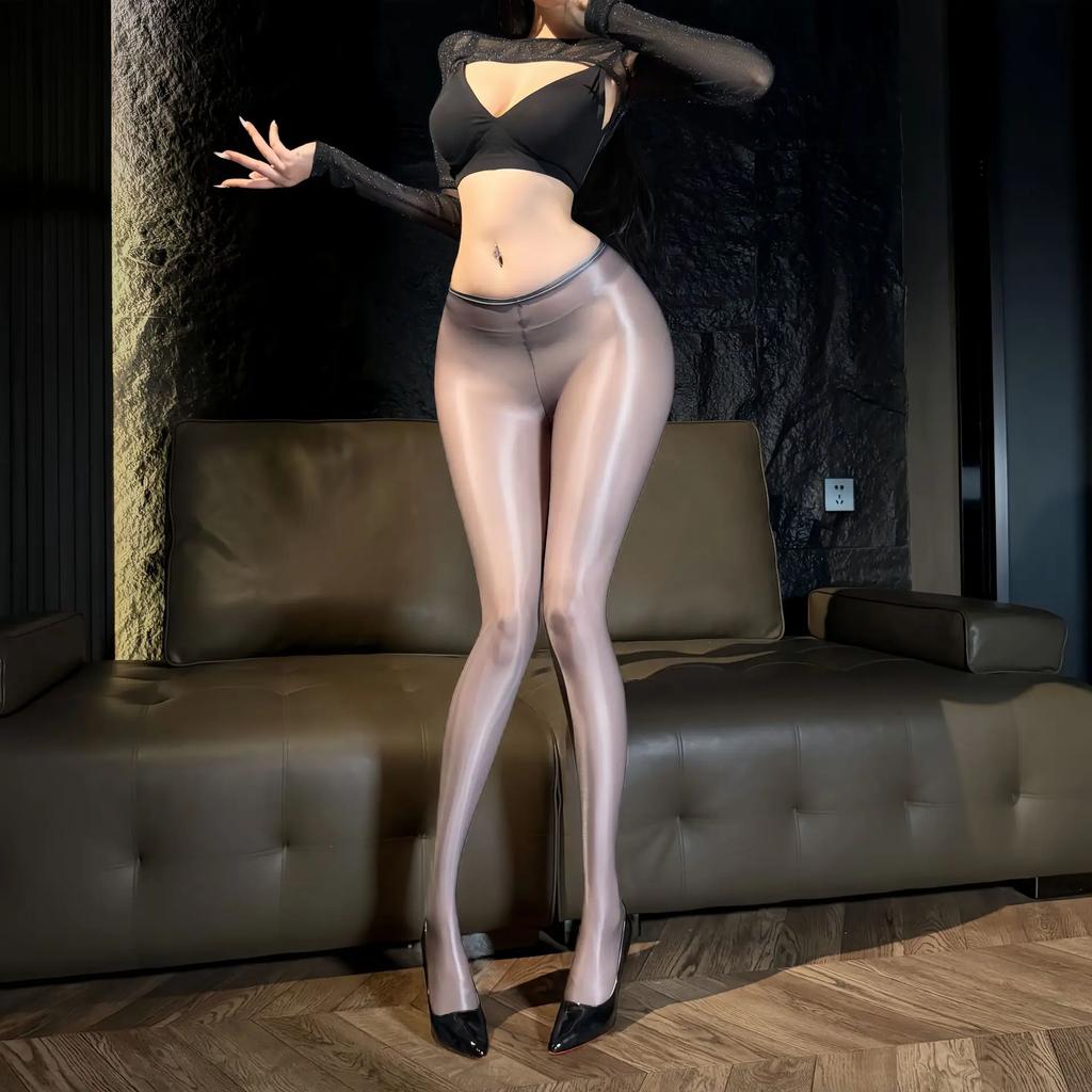 Pantaloni a Tubo Sexy da Cameriera Donna Trasparenti Sottili Lucidi Effetto Olio Leggings Modellanti Elastici per Fianchi e Gambe Taglie Forti