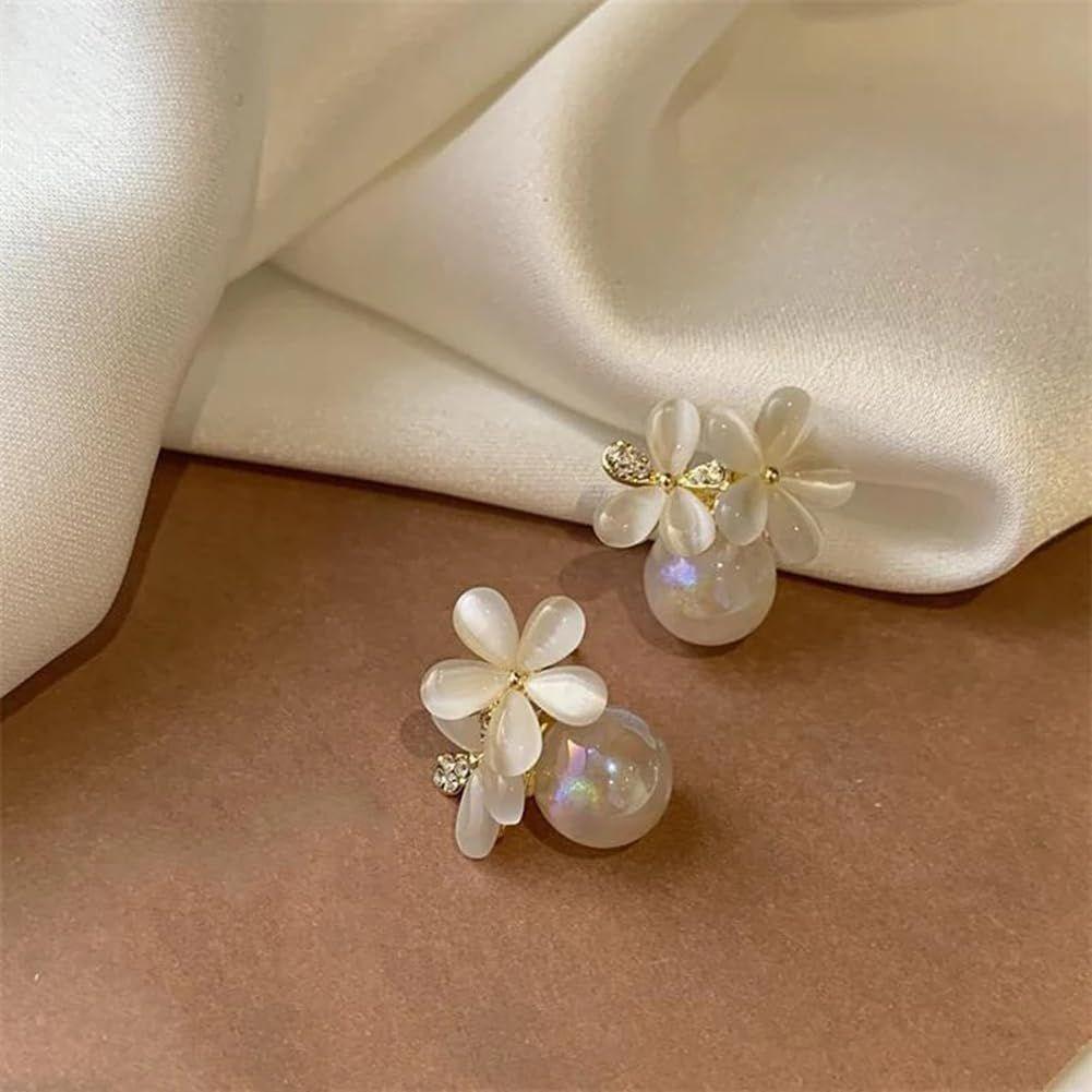 Latest Sweet Romantic Elegant White Flower Hoop Earrings | Stylish Shell Resin Delicate Pearl Flower Zircon Earrings | Trendy Versatile Jewellery