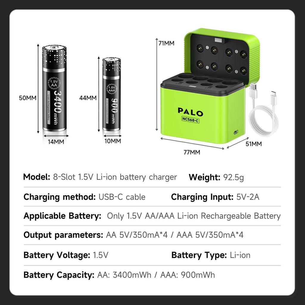 PALO Pilhas Recarregáveis AA e AAA de Íon de Lítio 3400mWh 1.5V com Carregador Magnético Flip de 8 canais para Pilhas de Lítio 1.5V 2A 3A