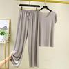 Nuovo due pezzi estivo in seta ghiacciata: Top a maniche corte con scollo a V e pantaloni casual drappeggiati a gamba larga