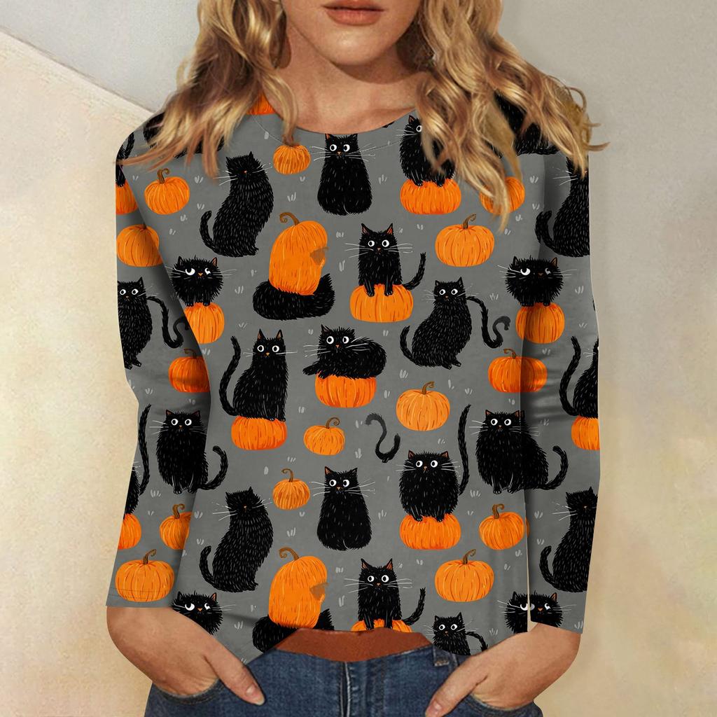 Women's long-sleeved loose-necked Halloween print casual top , suitable for holiday parties