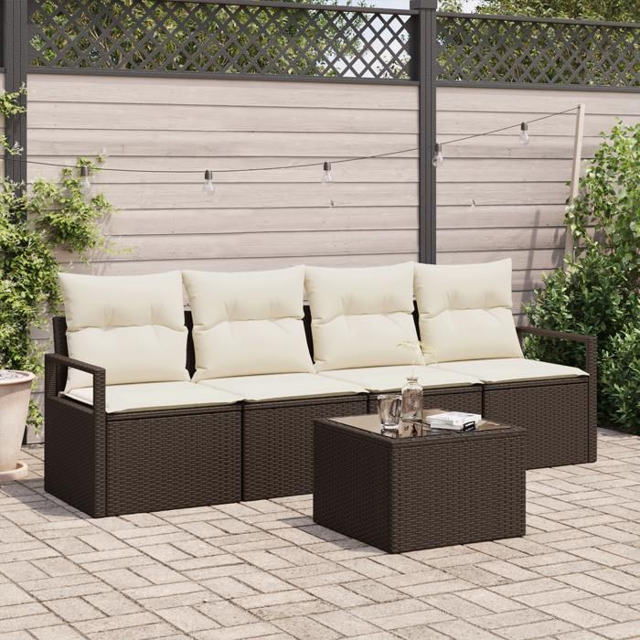 Ensemble de Canapés de Jardin de 5 pièces avec Coussins Marron en Rattan Poly, Canapé de Jardin 2 Places avec Rangement 3354917