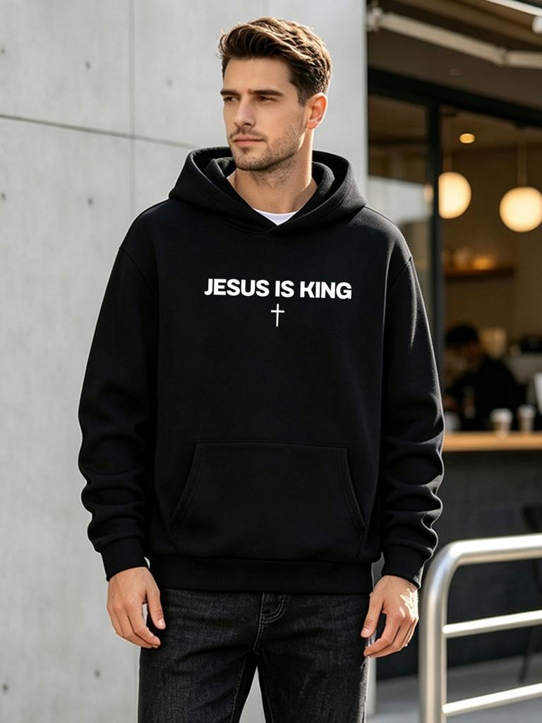 2026 New unisex Casual Versatile Style Fashion Sports Hoodie with "Jesus Is King" Cross Faith Symbol Graphic Print - Casual Pullover with Kangaroo Po