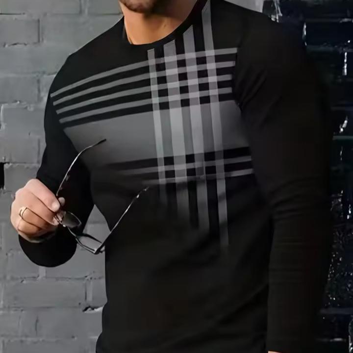 Vintage Men's Long Sleeve T-shirt 3D Stripe Gradient Printed Tshirt Harajuku Oversized Tops Casual Men's Outdoor Jogging T-Shirts