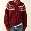 Womens Oversized Crewneck Knit Cardigan With Colorblock Geometric Acrylic Blend Loose Fit Fall Winter Sweater