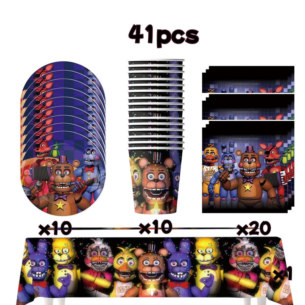 Five Nights Bär Geburtstagsdekorationen Freddyed Geschirr Teller Tasse Banner Kuchenaufsatz FNAF Luftballon Kinder Babyparty Zubehör