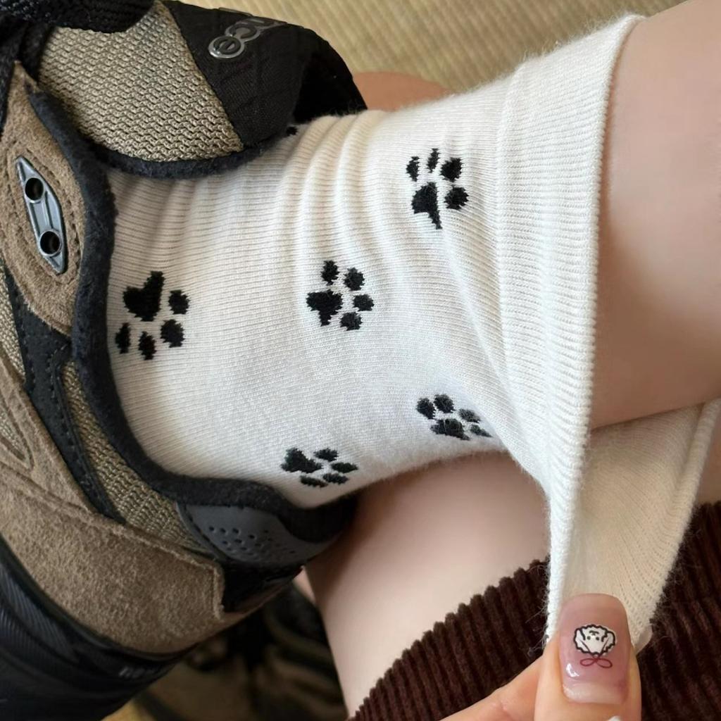 3 Pairs Cute Cartoon Dog Paws Socks - All-Match Middle Tube Korean Style College Socks for Women