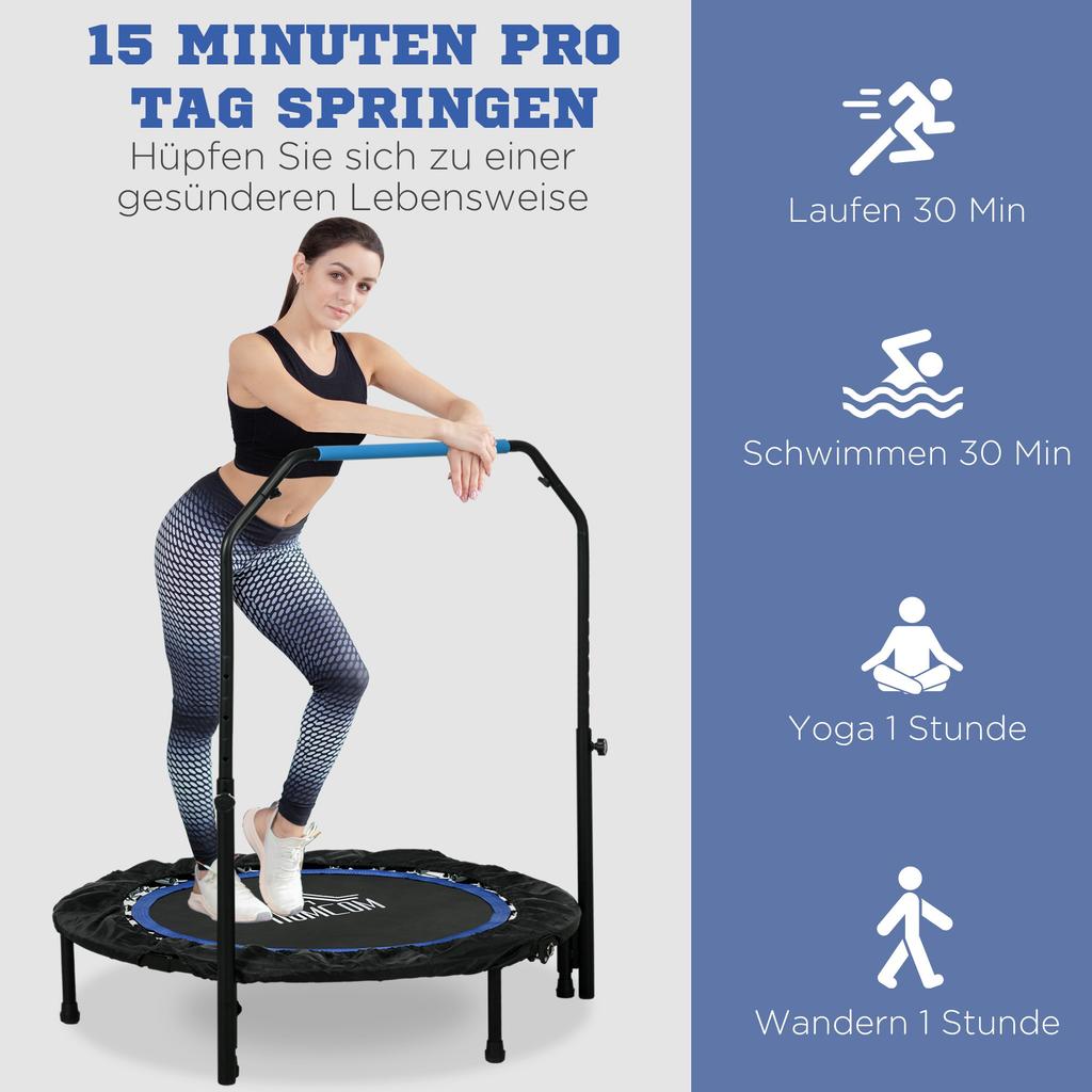 40 Zoll faltbares Mini-Fitness-Trampolin, mit verstellbarem Schaumstoffgriff, Blau
