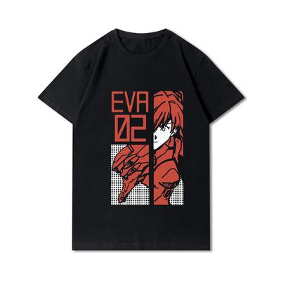 Koszulki Unisex z Nadrukiem Evangelion w Dużych Rozmiarach, Bawełniane Topy z Okrągłym Dekoltem, Letnie Anime Casualowe Czarne T-shirty