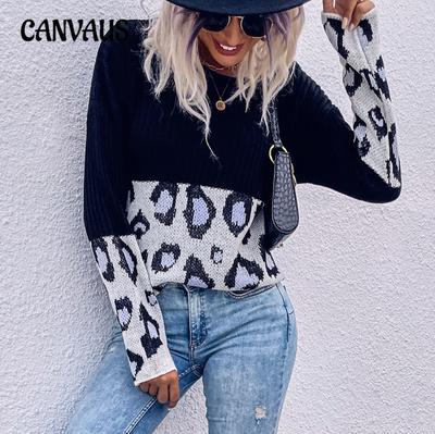 Maglione da donna autunno e inverno. Maglione con stampa leopardata a maniche lunghe e impunture alla moda