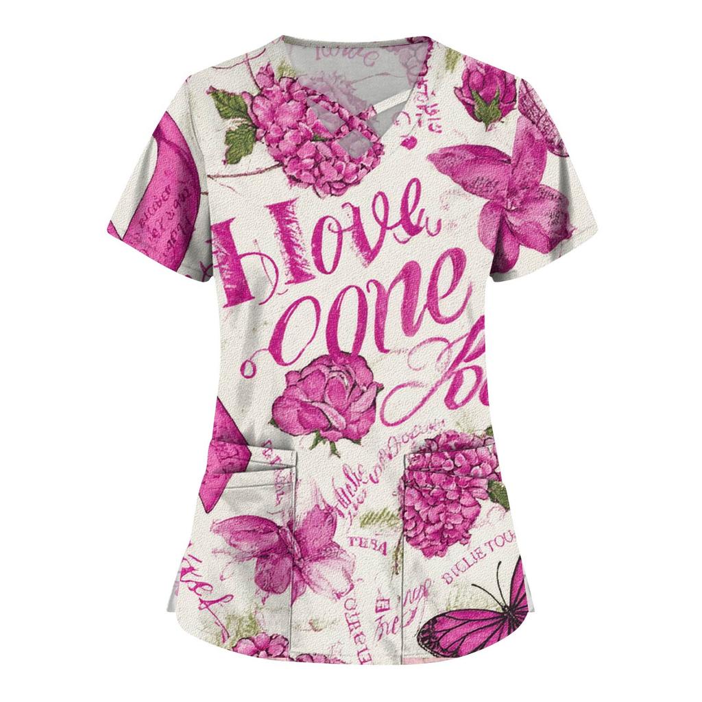 Dámská móda V-výstřih Krátký rukáv Kombinézy Kapsa s dvojitou vrstvou Tištěná trička Oblečení