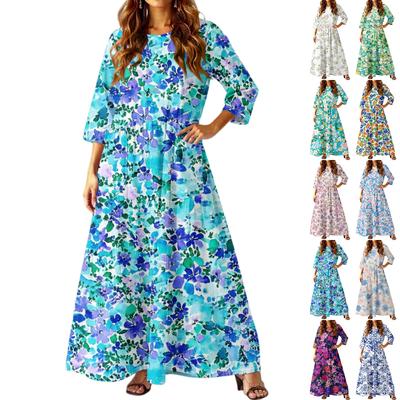 Vestido Largo Casual de Moda para Mujer con Estampado Floral y Manga Tres Cuartos con Bolsillos