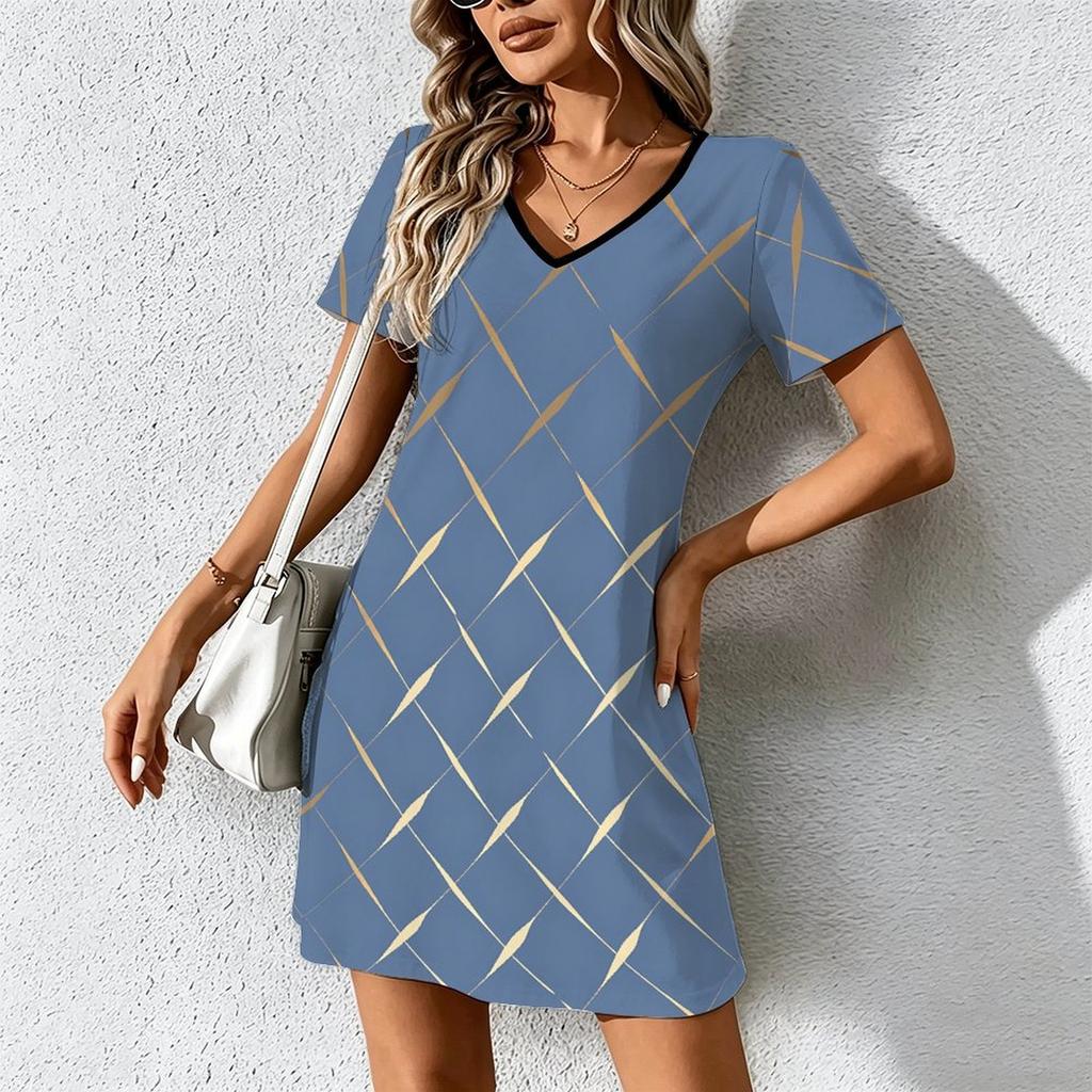 Summer Fashion Women's V Neck Short Sleeve Retro Geometric Pattern Printed  Dress Sex Short Skirt Dresses