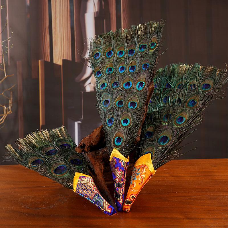 Tibetan Nepalese Bumpa Vase Fan Peacock Eye Feather Decor Handmade 7 10 15 Eyes