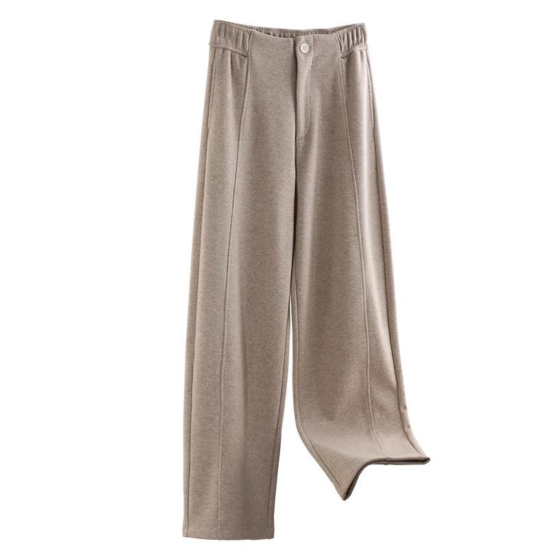 Oatmeal Herringbone Fleece Wide-Leg Pants for Women - Autumn/Winter Slim Fit