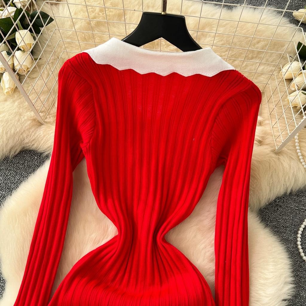 Autumn Winter Women Elegant Turn-down Collar Full Sleeve Knitted Sweater Long Maxi Sheath Dresses