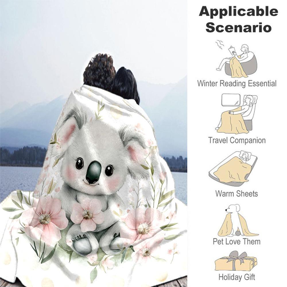 1pc Koala, Flowers Outdoor Flannel Blanket Soft Warm All-Season Throw for Sofa Bed Car Camping Office, Cozy Gift Idea1317S