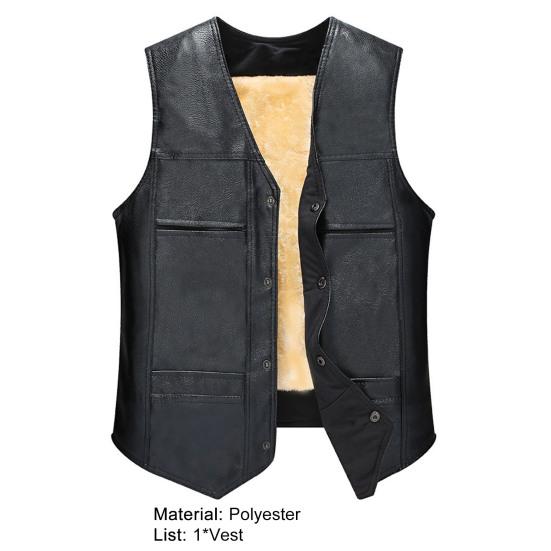 Men Vest V Neck Sleeveless All Match Faux Leather Windproof Extra Warm Motorcycle Waistcoat for Work