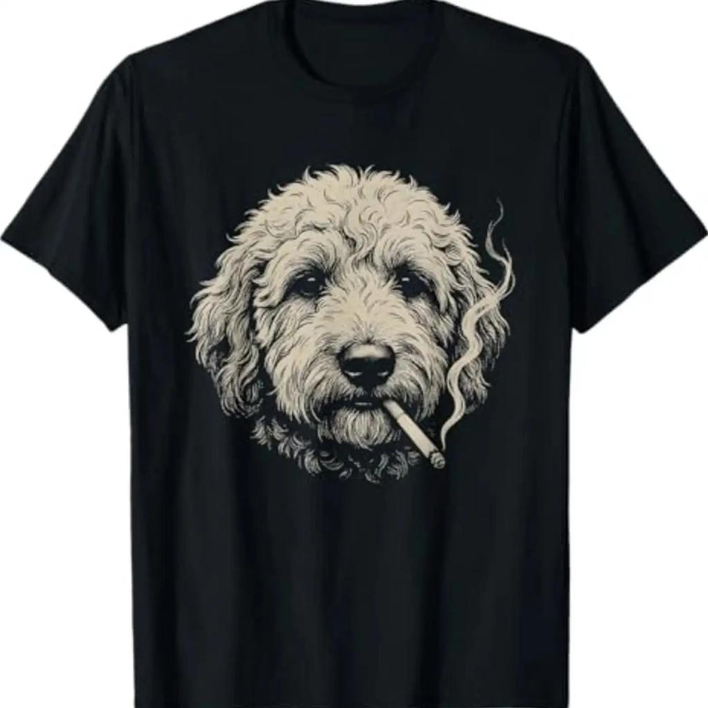 Dog Smoking Cigarette Funny Goldendoodle Meme T Shirt Top For Everyday Wear Unisex Stretched S