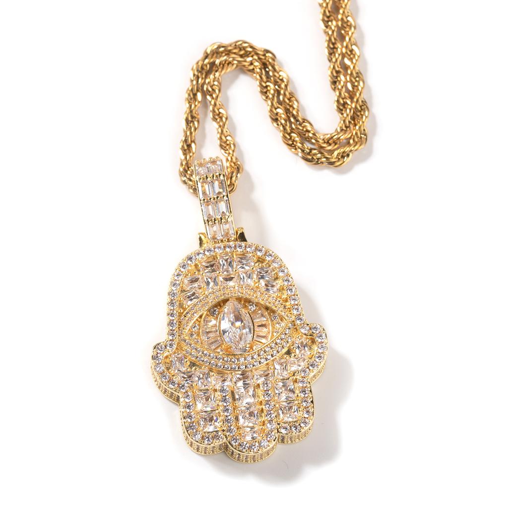 THE BLING KING Big Stone Eye Hamsa Hand Pendant Iced Out Baguettecz Cubic Zirconia Luxury Necklace Hiphop Jewelry Party Gift