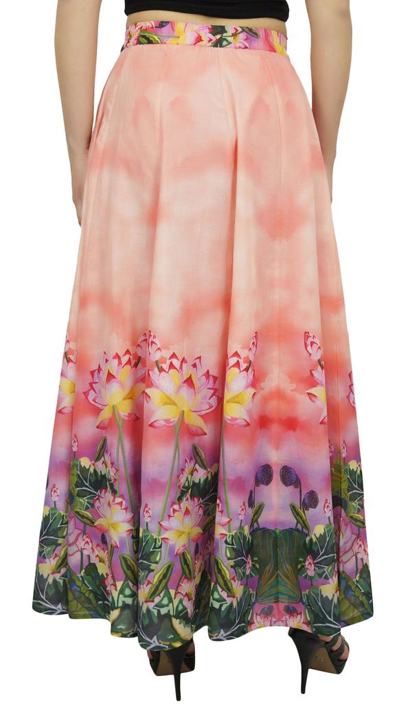 Bimba Women's Peach Floral Printed Maxi Summer Cotton Skirt Elastic Waist-L