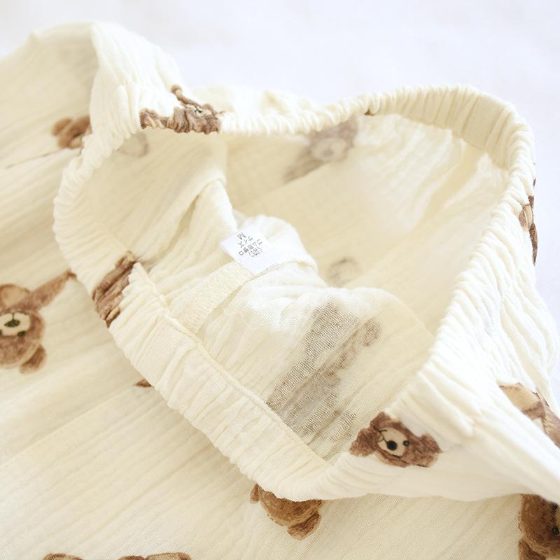 Women's Long-sleeved Trousers 100% Cotton Pajamas Double-layer Gauze Loungewear Crepe Breathable Cartoon Bear Print Pyjamas