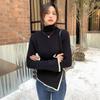 Chic Semi-turtleneck White Knitted Sweater for Women's Autumn and Winter New Irregular Belly-covering Sweater with Primer Inside