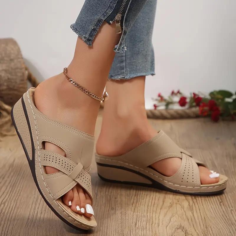 Women's Lightweight Slip-on Sandals, Non-slip Open Toe Wedge Heeled Sandals, Summer Open Toe Beach Shoes