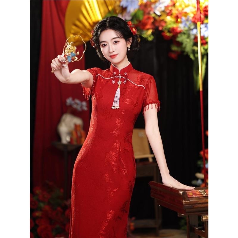 Burgundy improved cheongsam women's 1011 new engagement toasting clothes show thin national style wedding return banquet dress