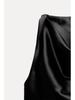 European and American Women's Satin Mid-length Dress with Ruched Waist and Cowl Neck.