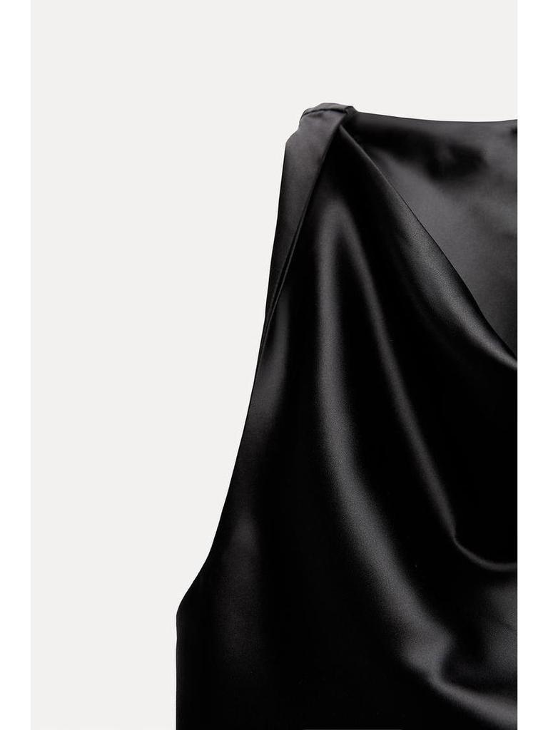 European and American Women's Satin Mid-length Dress with Ruched Waist and Cowl Neck.