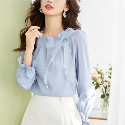 Blusa Casual Cor Sólida Laço Borboleta Senso de Design Feminina Manga Longa Gola Redonda Versátil Plissada Chiffon Pulôver Camisa