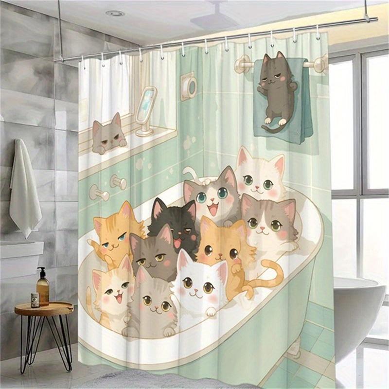 Playful Cartoon Cat Shower Curtain - 12 Hooks, Nine Cats In Bathtub Design, Mint Green, Pastel Palette, 70.8x70.8 Inches