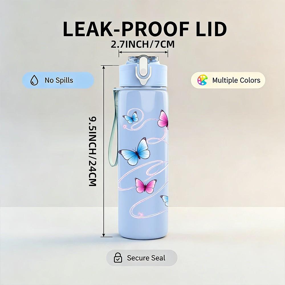 1PC Multiple Butterflies Floating Air Print 750ml Color Plastic Sports Water Bottle Leakproof Flip Straw Lid Suitable for Sports Office Home Use