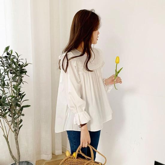 Women Shirt Round Neck Lantern Long Sleeve Pullover Tops Solid Color Loose Fit Ruffle Trim Pleated