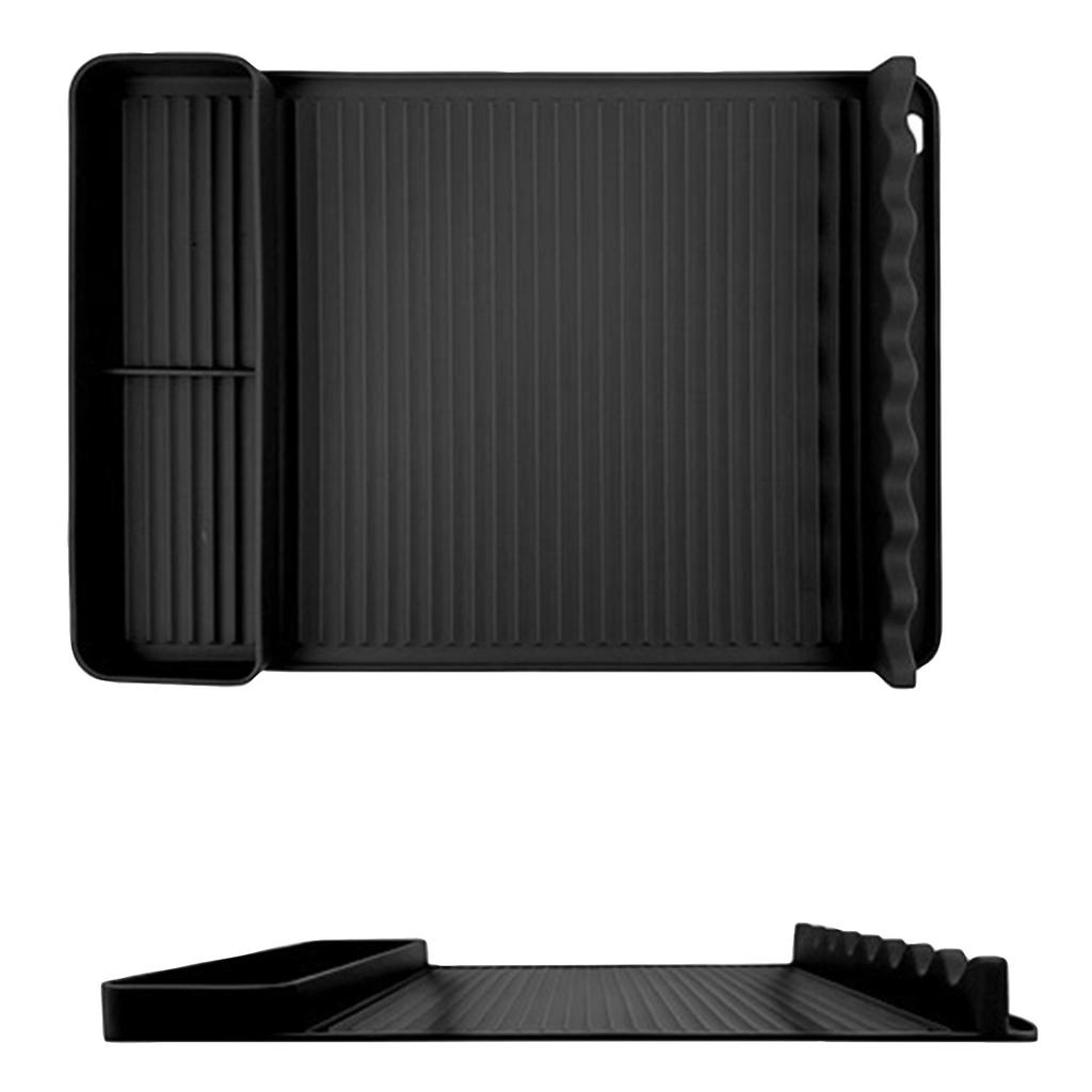 Silicone Dish Drying Mat with Utensil Holder and Grooved Surface for Kitchen Countertop Organization and Efficient Water Drainage