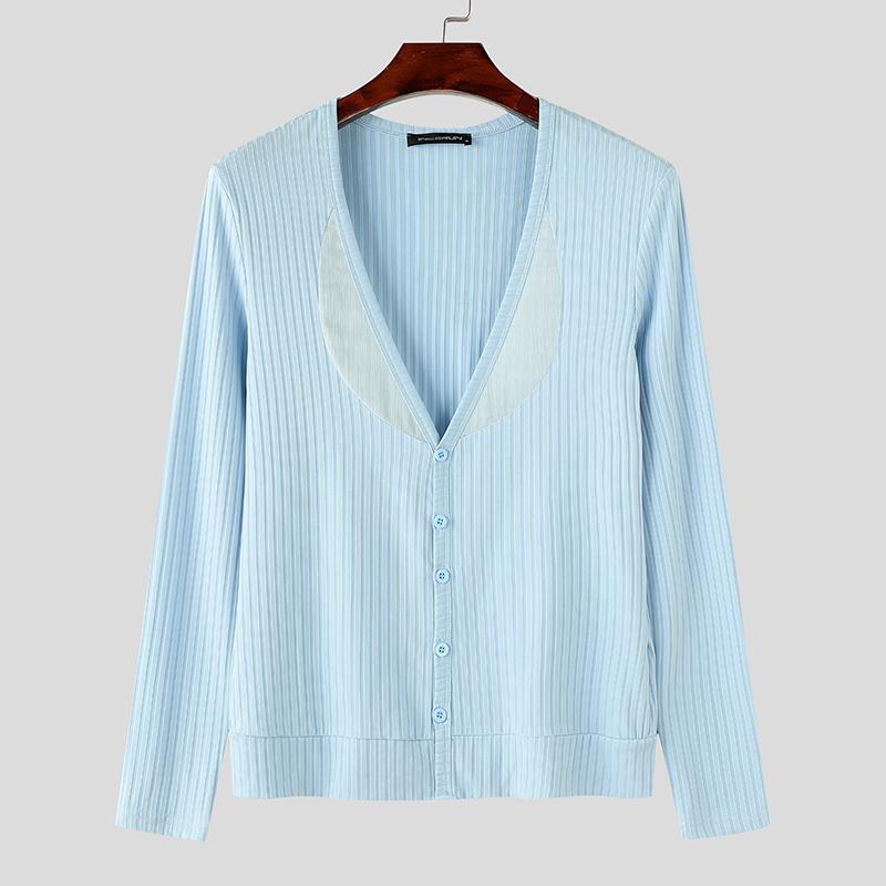 

INCERUN Мужские трикотажные майки с глубоким V-образным вырезом и длинным рукавом, повседневные топы в рубчик в полоску с лоскутным узором 5XL синий