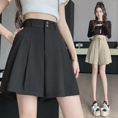 Women's Khaki Pleated A-Line Culotte Shorts - 2024 Summer Fashion Wide-Leg Style