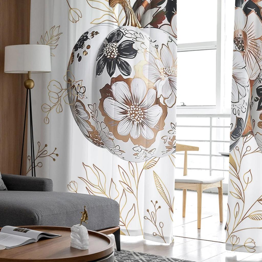 Thanksgiving Pumpa Höstskörd Sovrum Transparent skira Gardiner Semesterdekoration Fönster Voile Tyll Gardin