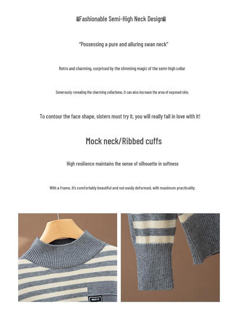 2025 Women’s Korean Style Striped Half High Neck Knitted Pullover Sweater