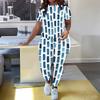 Women Plus Size Black White Printed Round Neck Short Sleeve Top Long Pants Two Piece Set